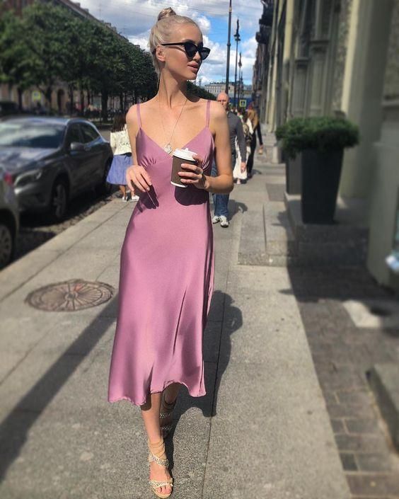 look slick and rock a mauve dress with silver heels